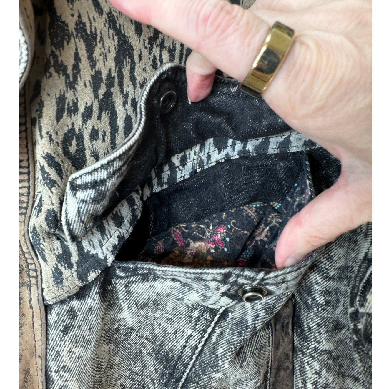 Winlit Vintage Tan Black Suede & Denim Acid Wash Animal Print Biker Jacket S