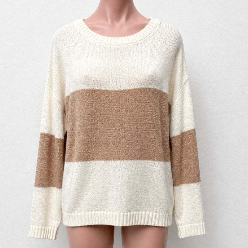 Newbury Kustom Long Sleeve Peach and Cream Color Block Round Neck Sweater M