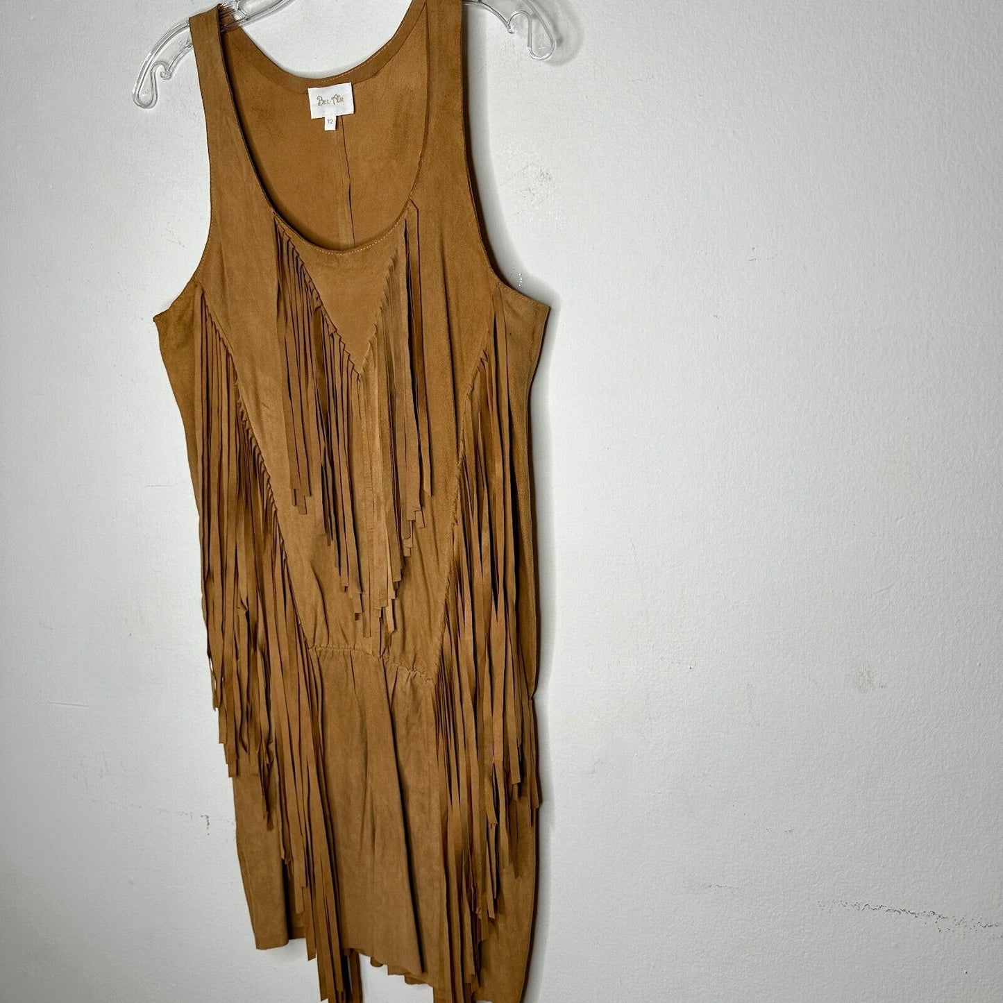 Belair Calvi Camel-Tan Goat Suede Sleeveless Fringed Scoop Neck Mini Dress T2