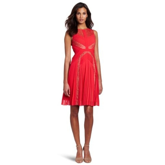 BCBGMAXAZRIA Raya Red Sleeveless Chevron Pleated Lace Dress 6