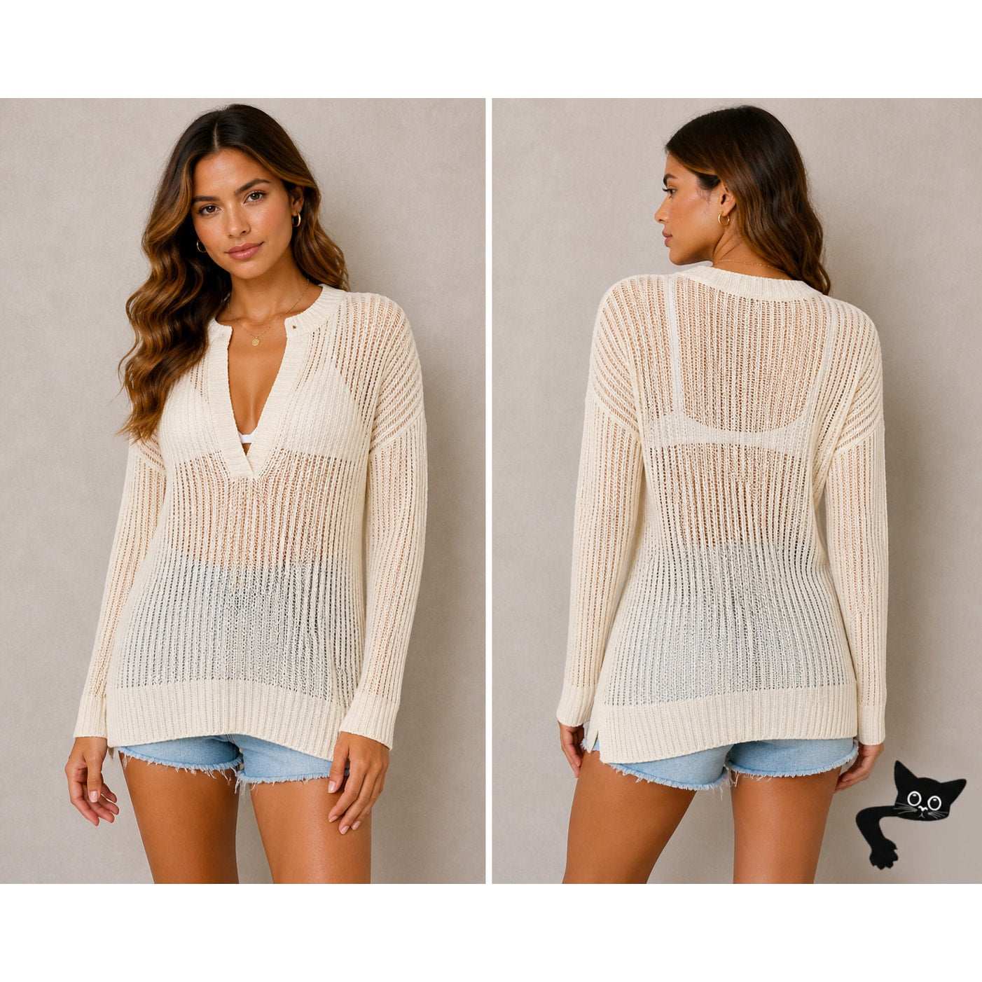 Revolve By The Way Ivory Pearl Sheer Knit Long Sleeve Sweater V-Neck Jumper S