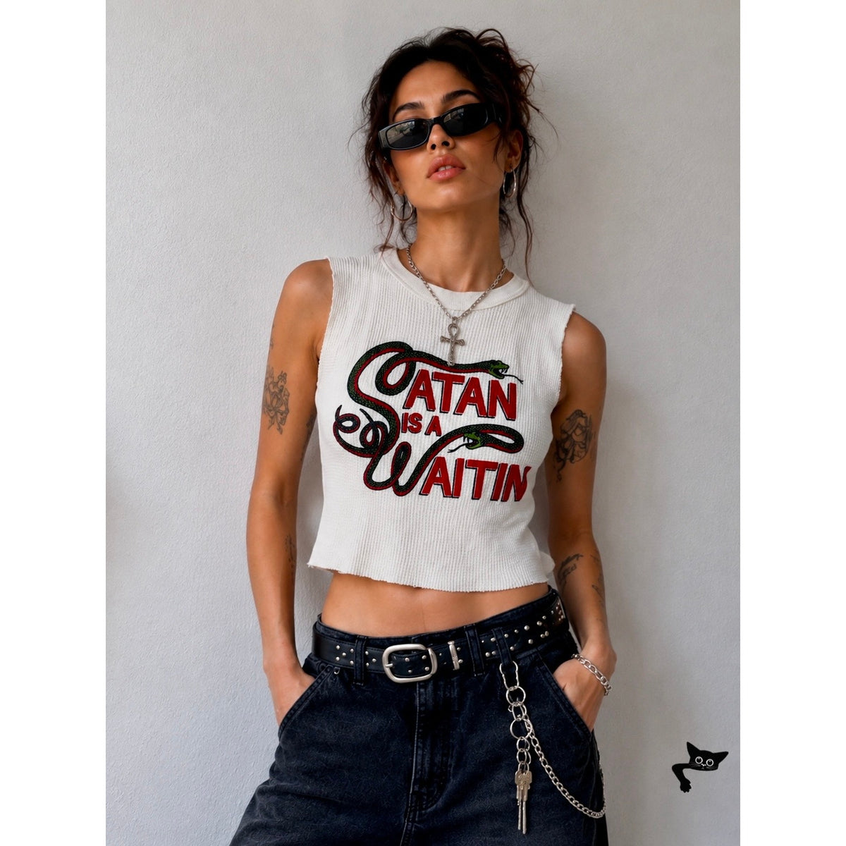 Indera Satan Is A Waitin Snake Graphic Thermal Crop Tank Top Large