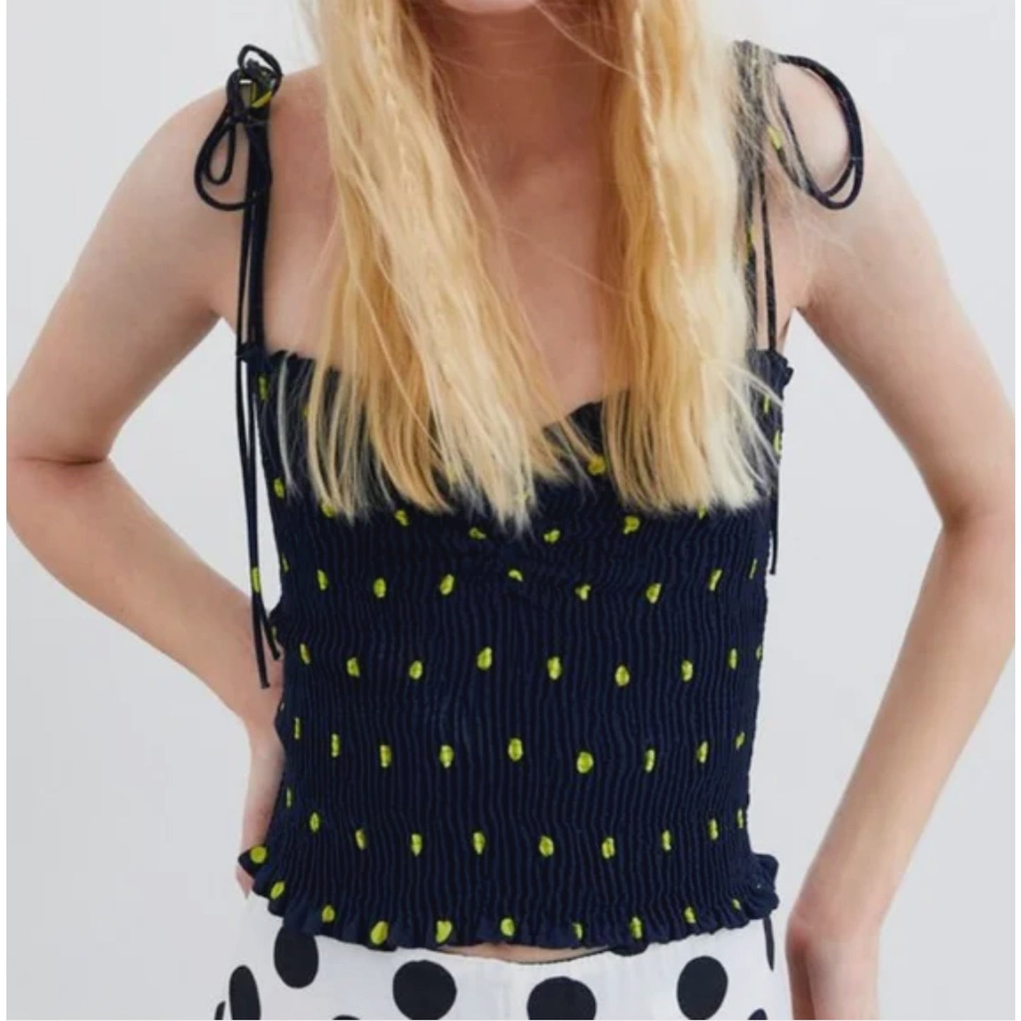 Zara Navy & Yellow Polka Dot Smocked Tube Top XS