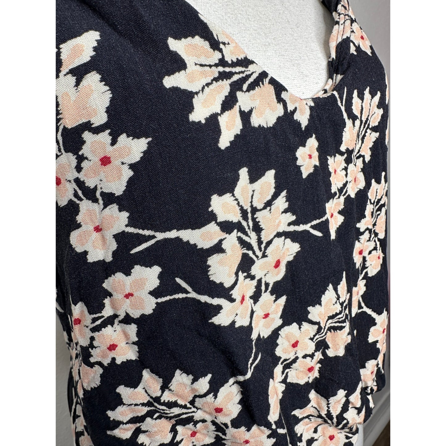 Boho Floral Braided Twist Back Tank Top XS Black Peach Cream Linen Summer Look