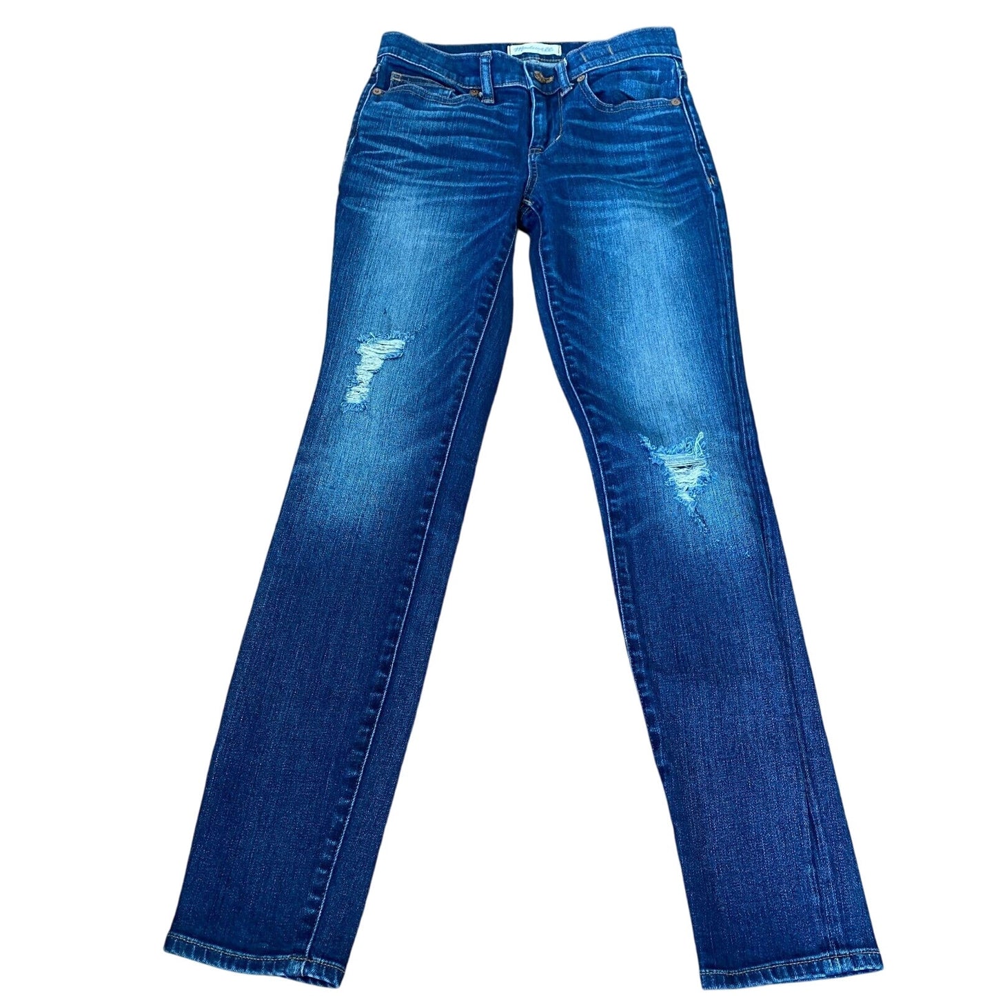 Madewell Mid Rise Skinny Medium Blue Wash Whiskered Distressed Knee Jeans 25