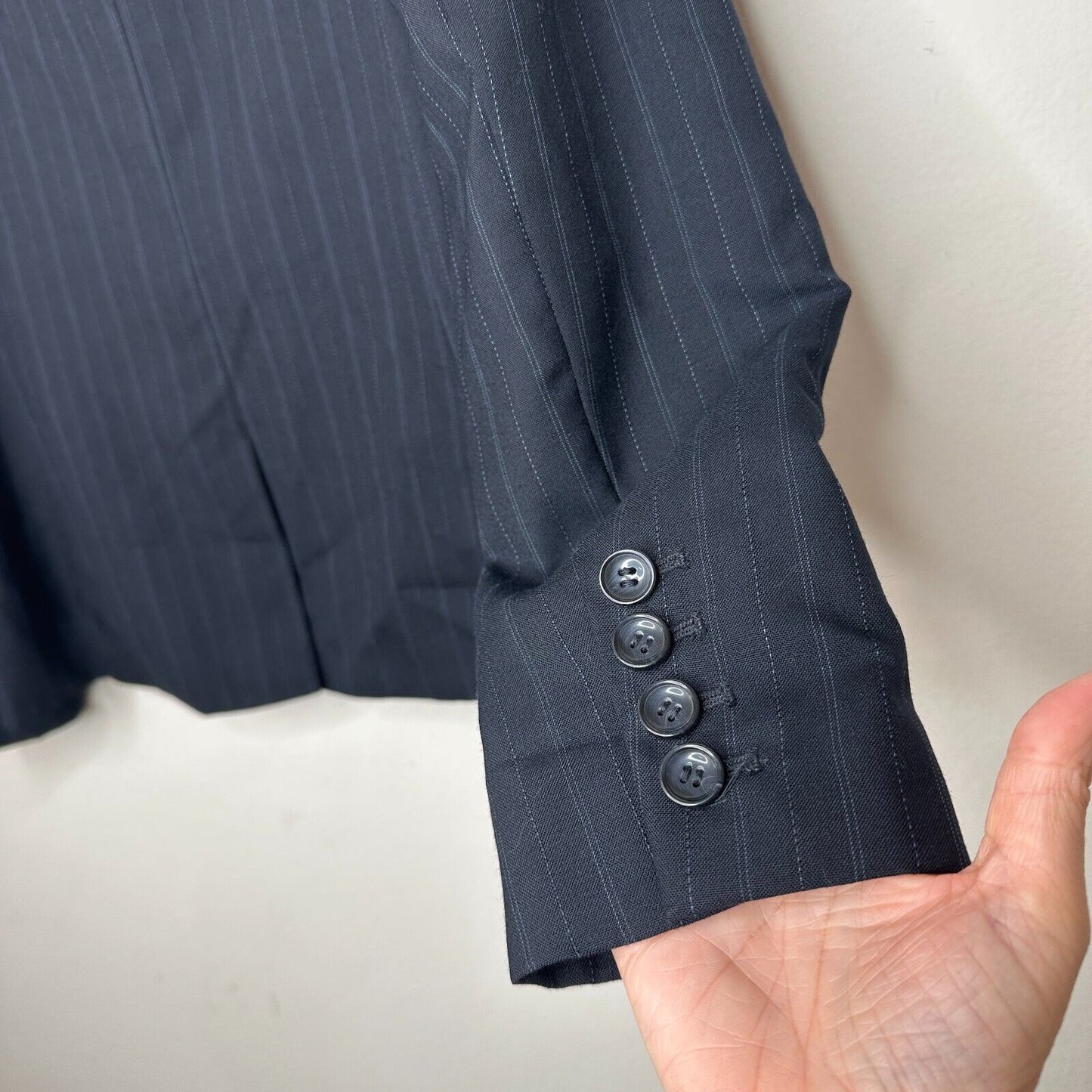 Ann Taylor Navy Pinstripe Crop Blazer Shawl Collar Button Sleeve Welt Pocket OP
