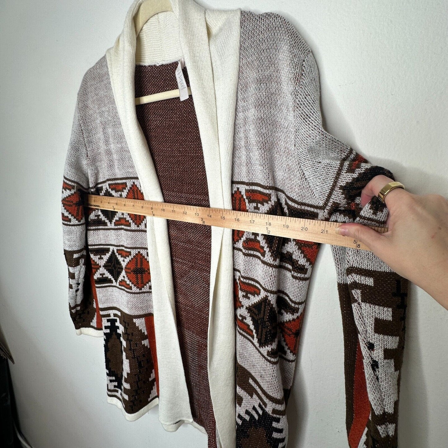 Mags & Pye Cream Brown Rust Native Aztec Print Longline Cardigan Sweater Medium