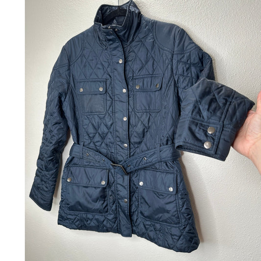 Banana Republic Navy Diamond Quilted Zip Belted Mock Neck Jacket L