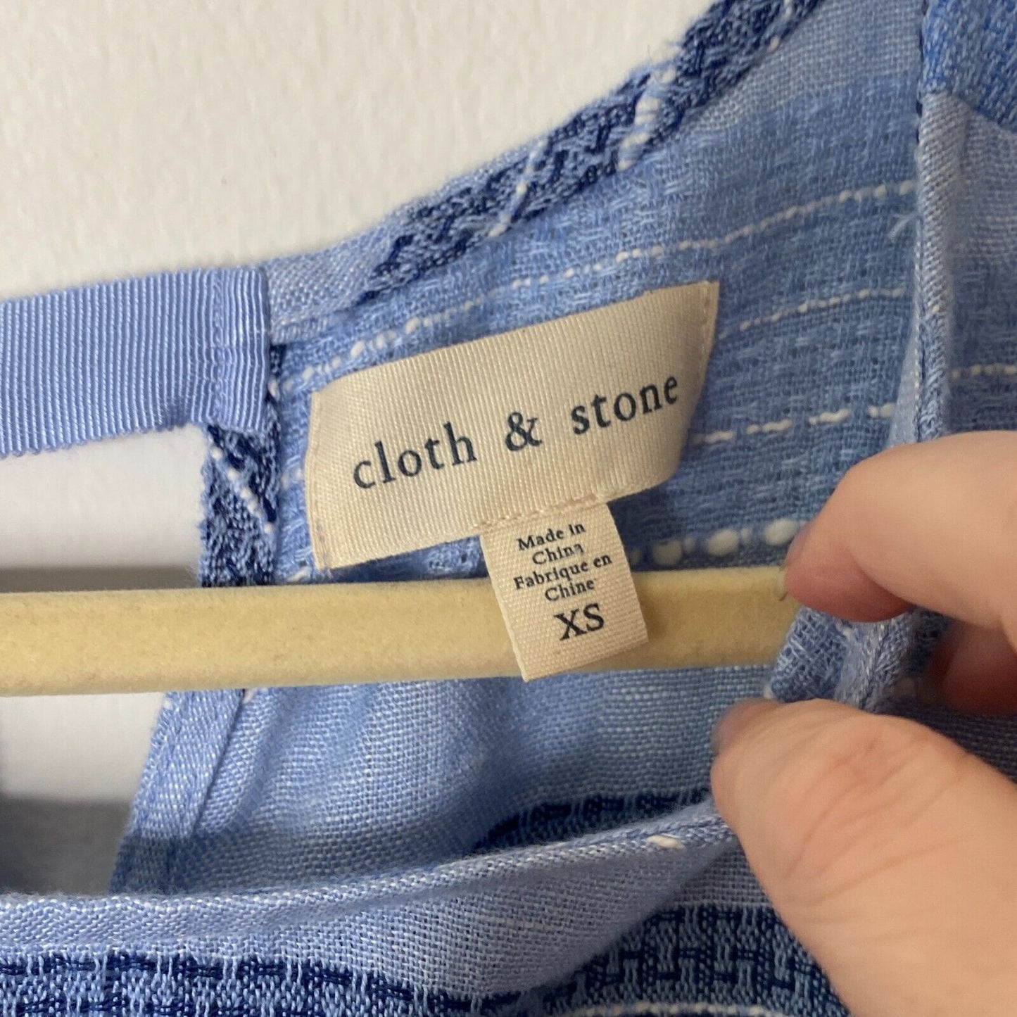 Cloth & Stone Light Blue & Navy Stripe Linen Bell Sleeve Raw Hem Tie Neck Top XS