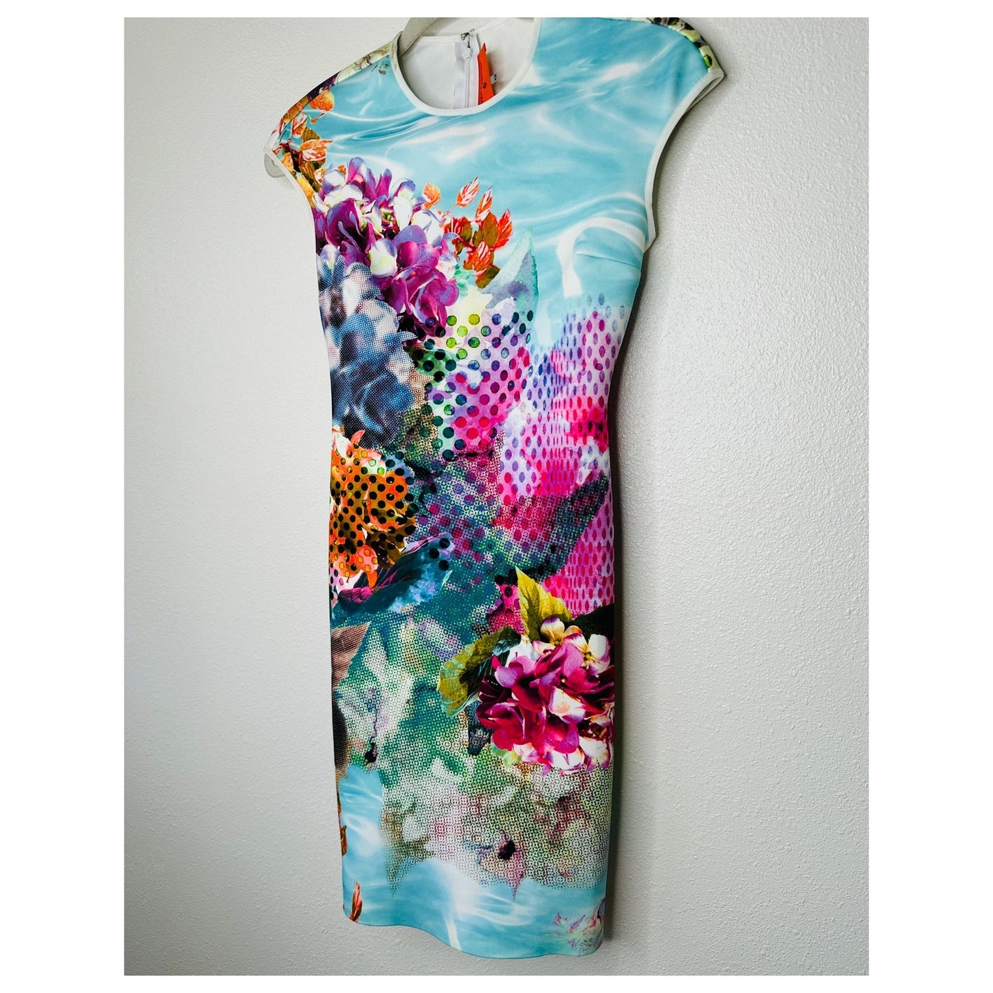 Clover Canyon Pool Flower Neoprene MultiColor Aqua Bodycon Dress XS