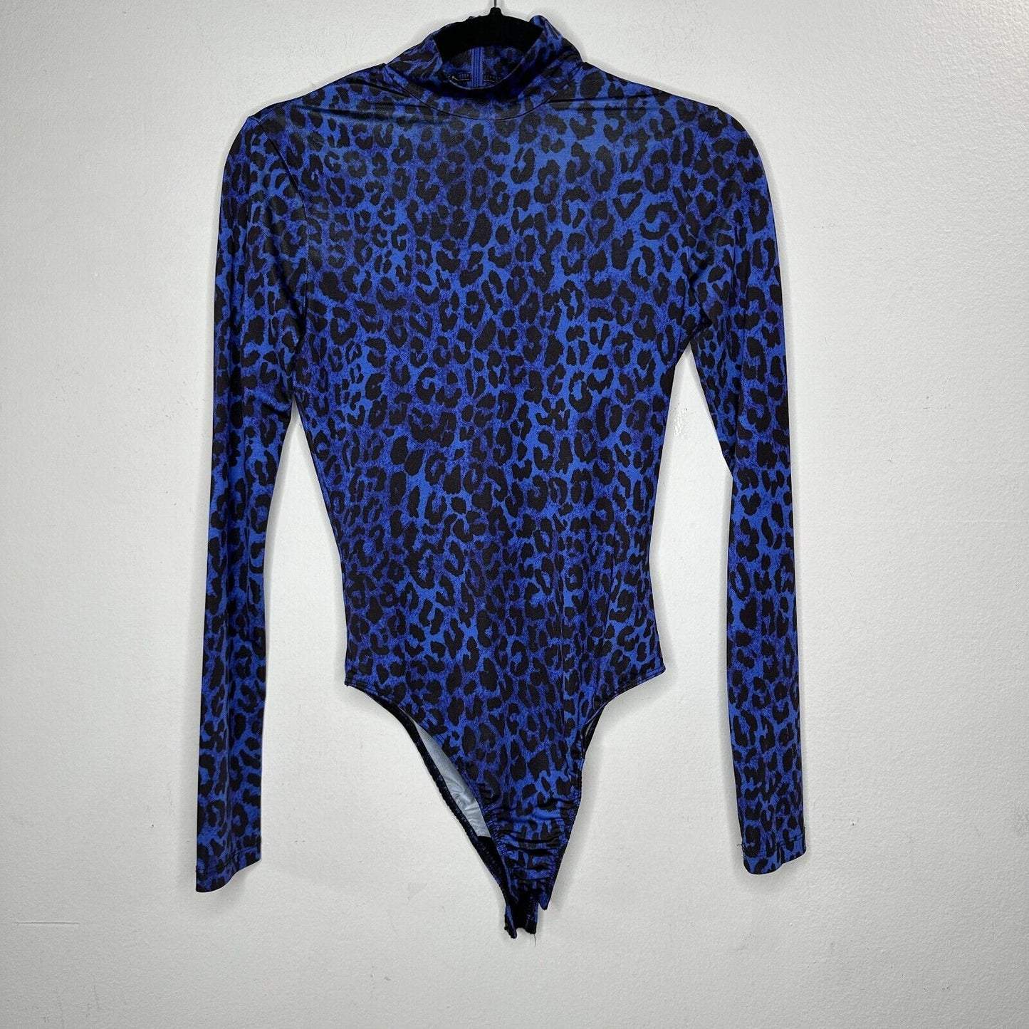 Topshop x Halpern Blue & Black Cheetah Mock Neck Back Zip Snap Bottom Bodysuit 2