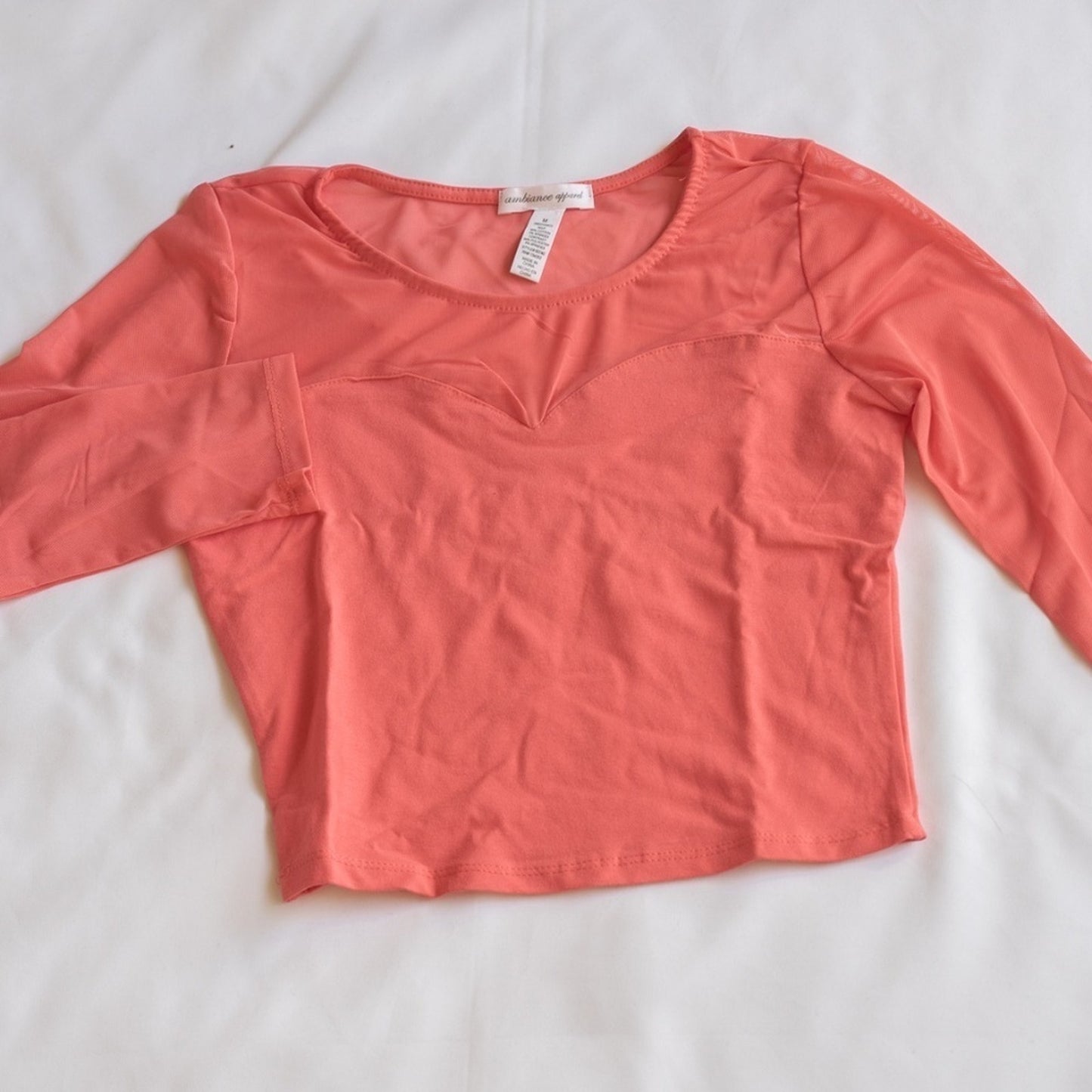 NWT Cute Peach Coral Sheer Heart Design Crop Top Blouse 3/4 sleeve Medium