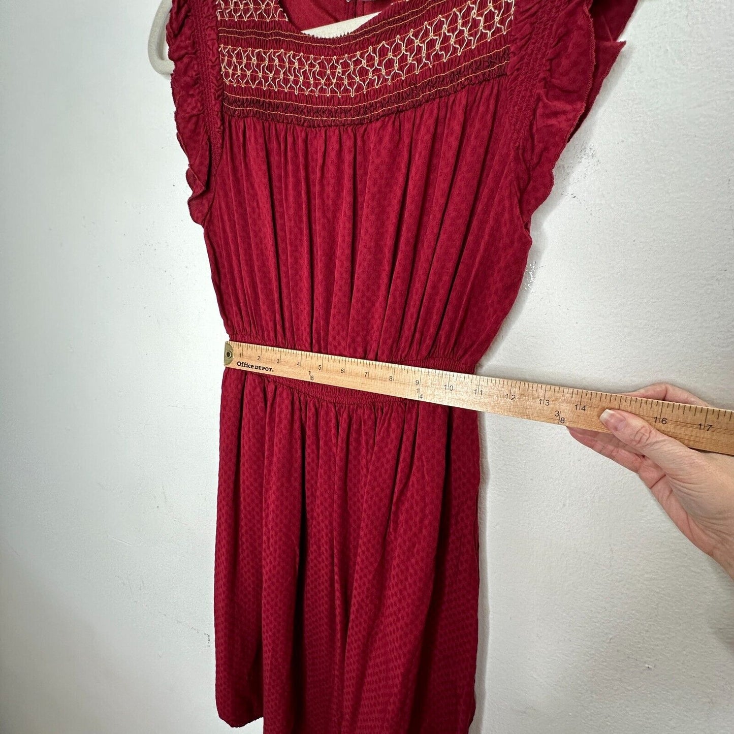 Anthropologie Dolan Red Left Coast Tansy Smocked Midi Ruffle-Shoulder Dress XS