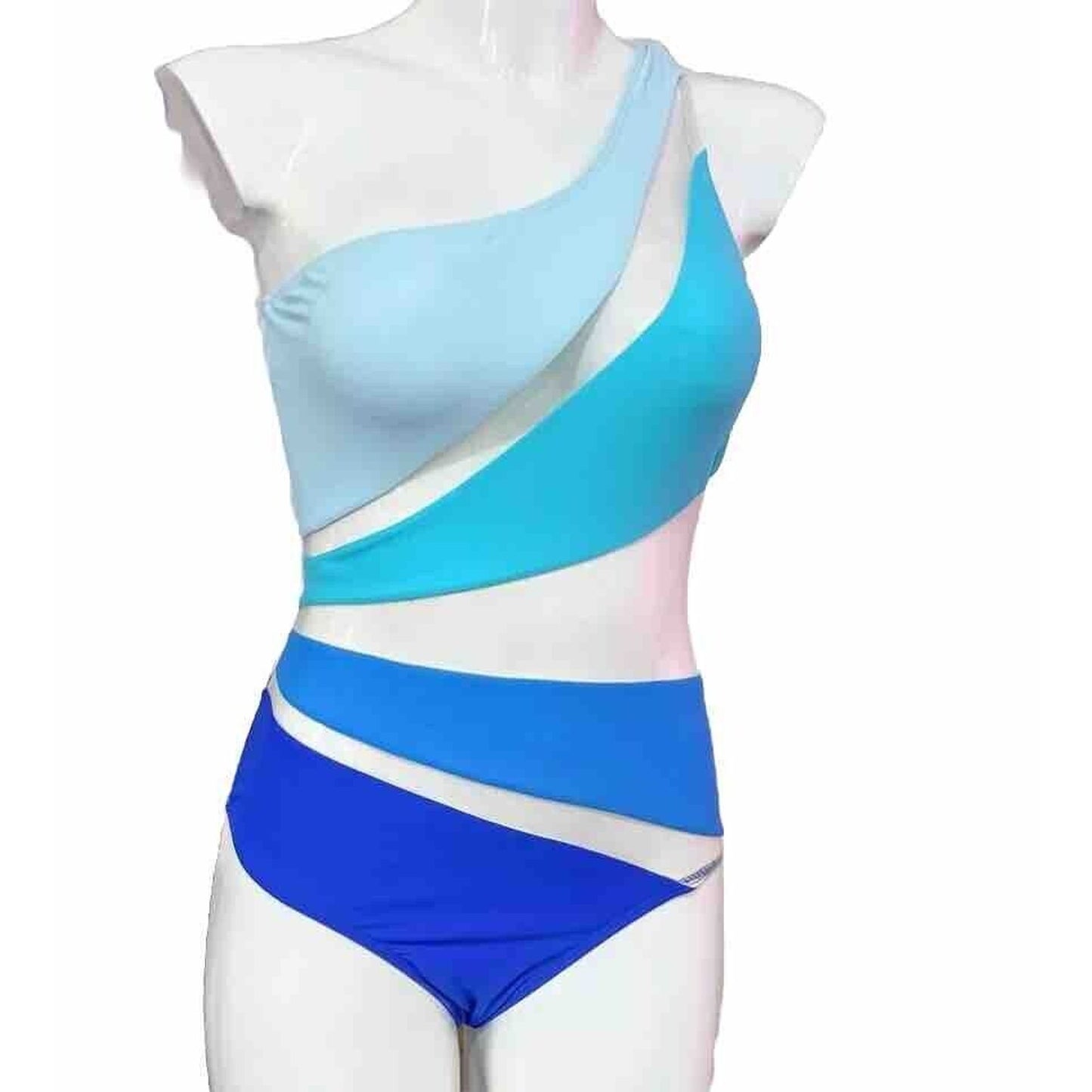 Blue & Teal Color Block Sheer Design One Shoulder Swim Suit One Piece Small