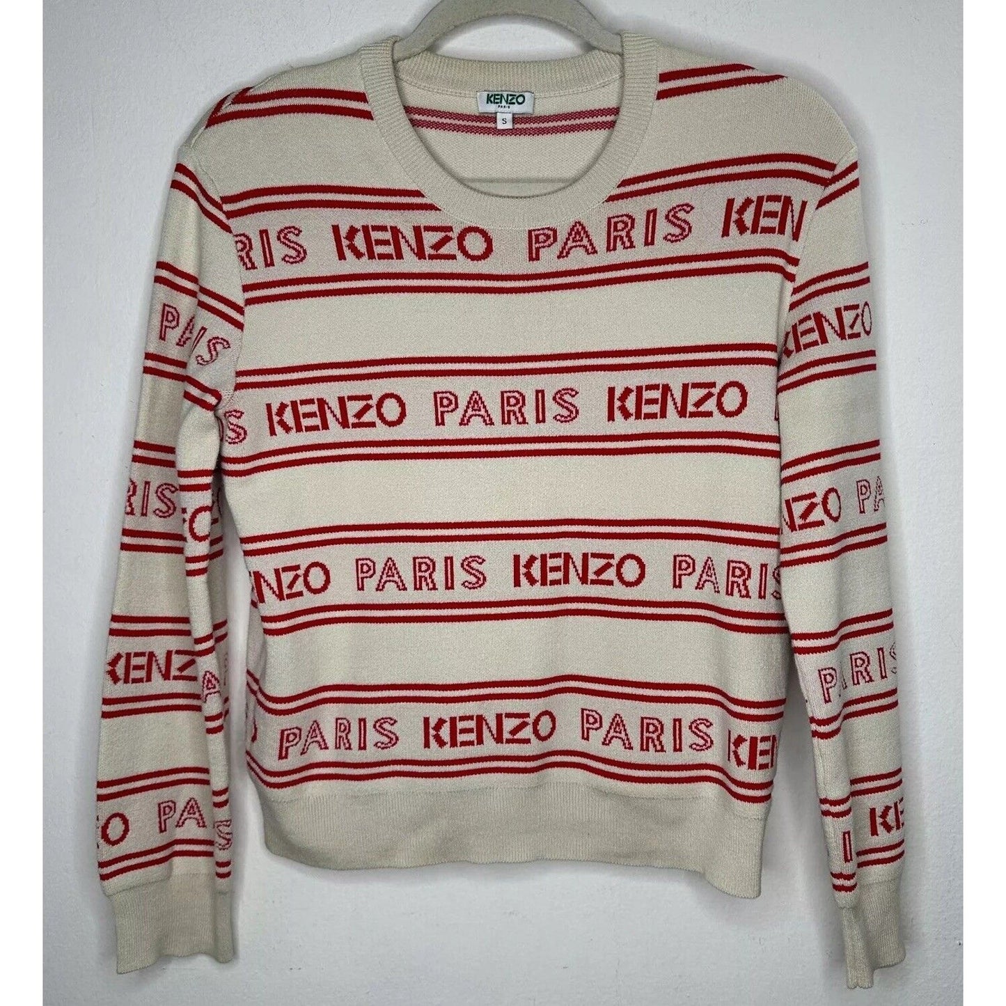 Kenzo Red & Tan Striped Woven Logo Knitted Sweater Long Sleeve Round Neck Small