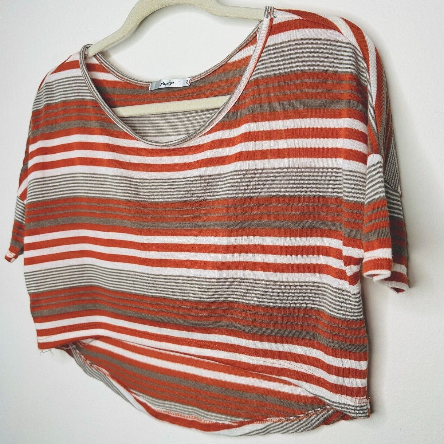 Papaya Casual White Orange Tan Striped Short Sleeve Crop Scoop Neck Tee Medium