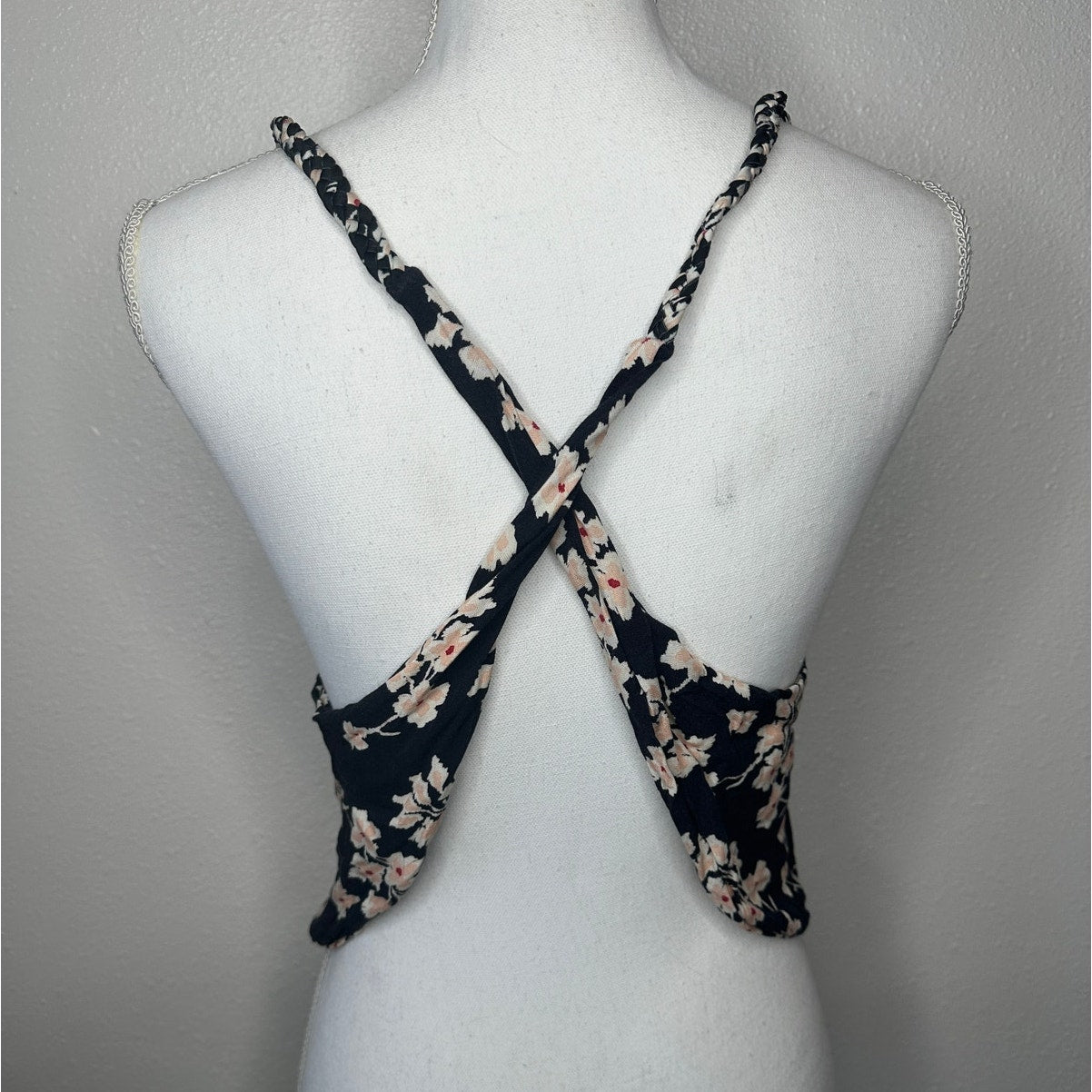 Boho Floral Braided Twist Back Tank Top XS Black Peach Cream Linen Summer Look