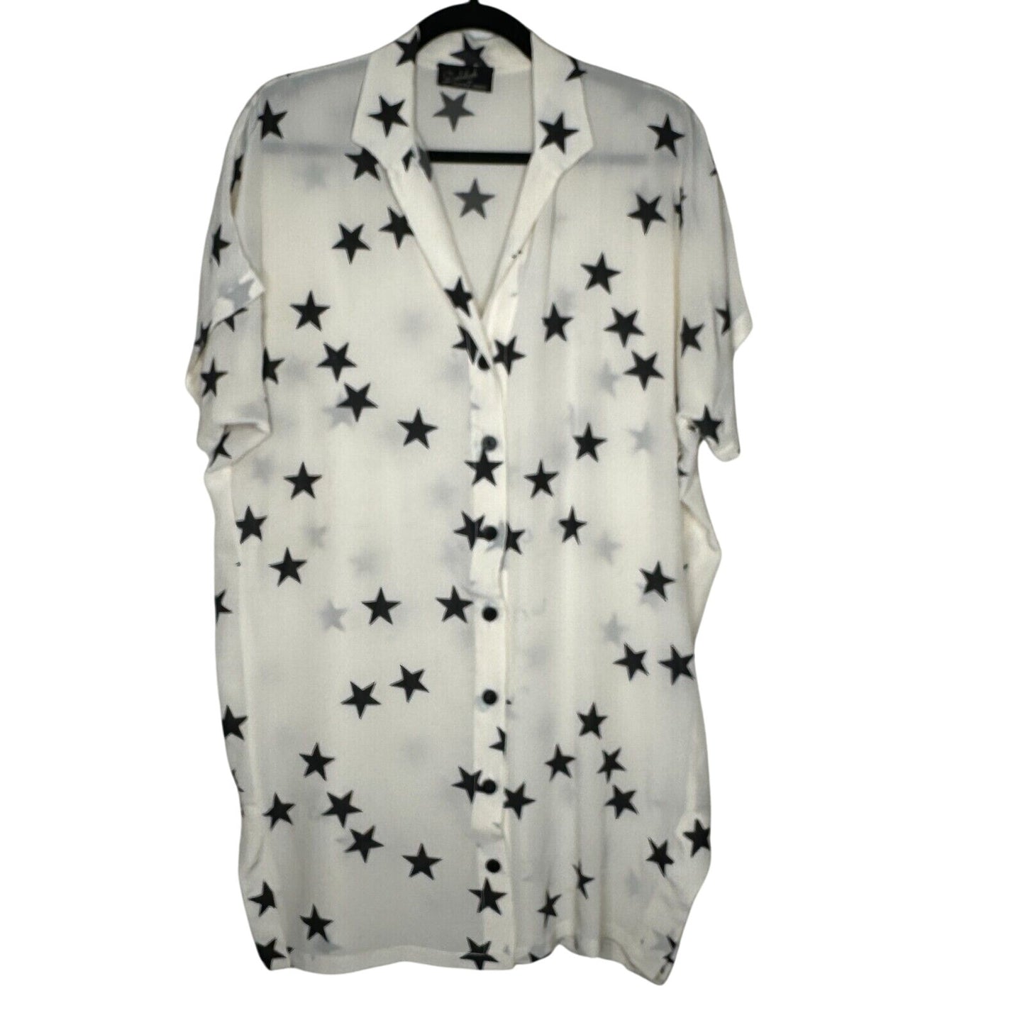 Ninivah Khomo Sheer Cream and Black Star Button Front Short Sleeve Tunic Top OS