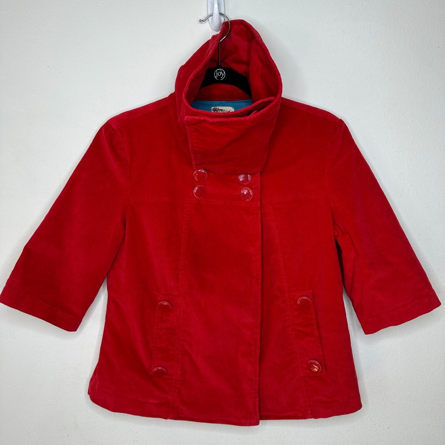 Tulle Red Corduroy Turquoise Lined Foldover Collar Jacket 3/4 Sleeves S