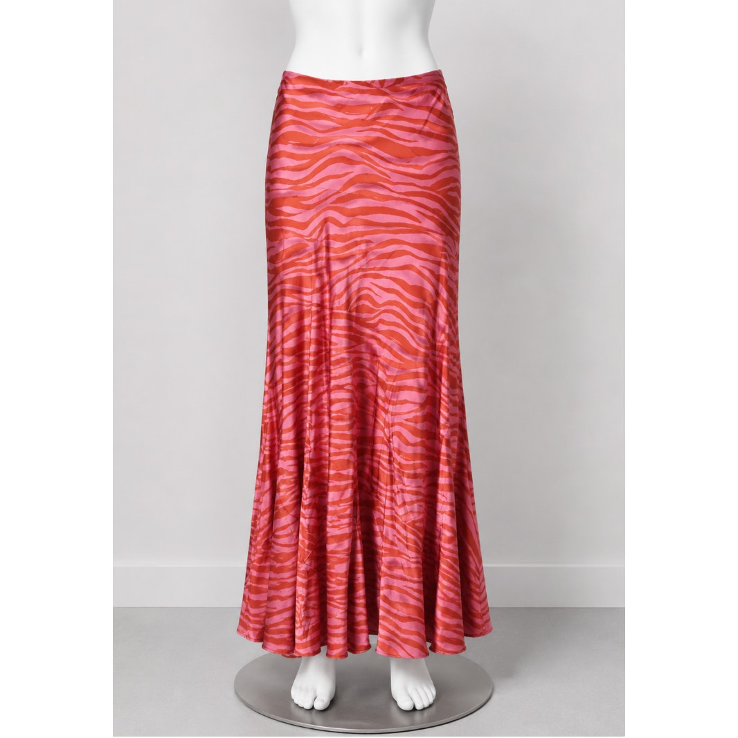 Monika Rust Orange Pink Patti Animal Print Maxi Skirt 100% Pure Silk XS