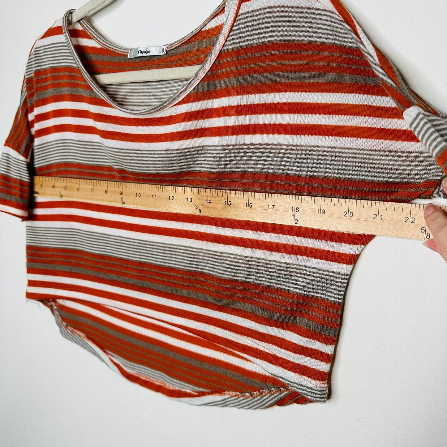 Papaya Casual White Orange Tan Striped Short Sleeve Crop Scoop Neck Tee Medium