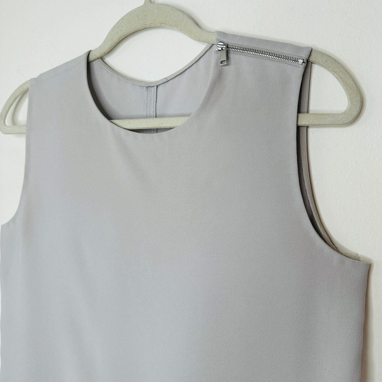 Stone Gray Sleeveless Blouse Shoulder Zip Detail Split Curve Hem Light Weight S