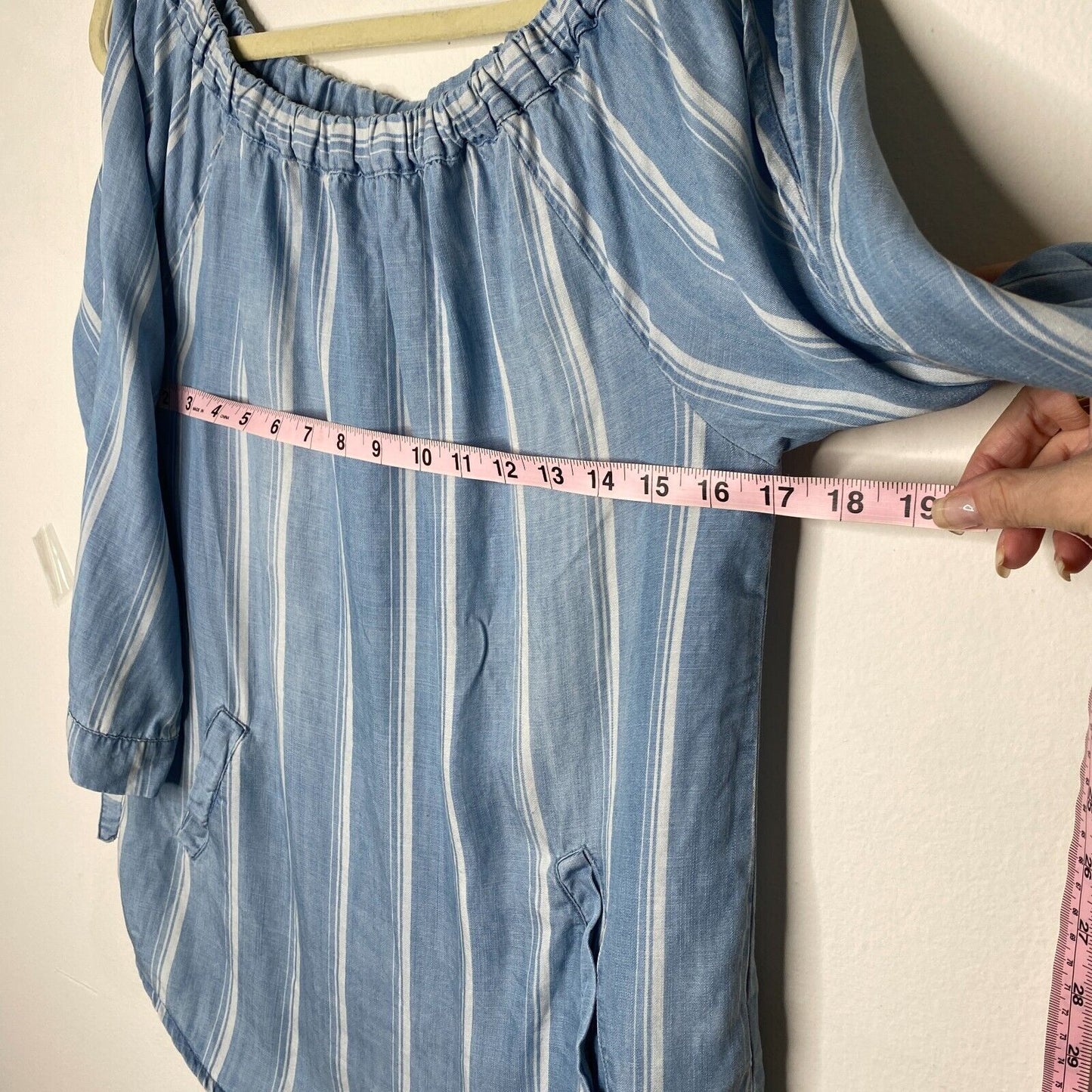 Billy T Blue & White Stripe Linen Off Shoulder 3/4 Tie-Sleeve Back Button Top XS