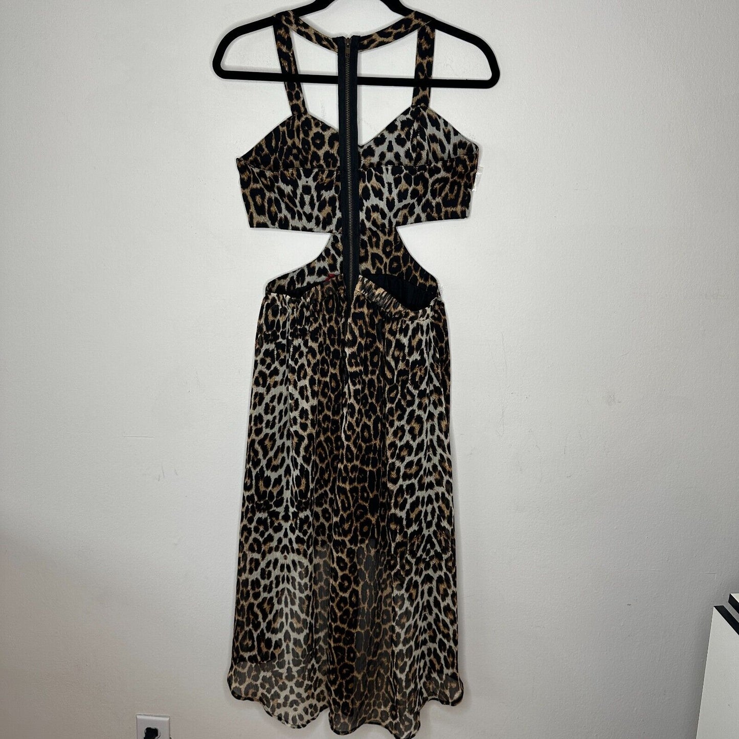 Xtaren Cheetah Print Strappy Hi-Low Open Side Sweetheart Neck Zip Back Dress S