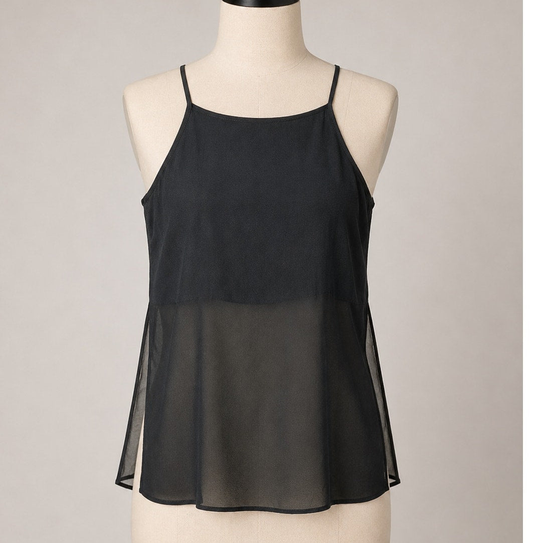 BCBGeneration Jet Black Sheer Side-Slit Lined Spaghetti Strap Crop Tank Cami SM