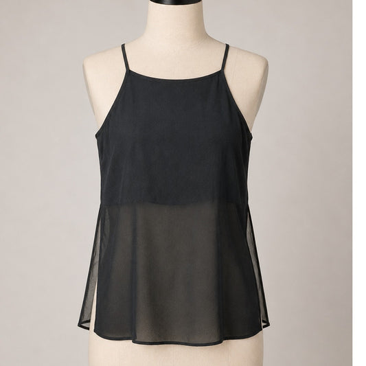 BCBGeneration Jet Black Sheer Side-Slit Lined Spaghetti Strap Crop Tank Cami SM