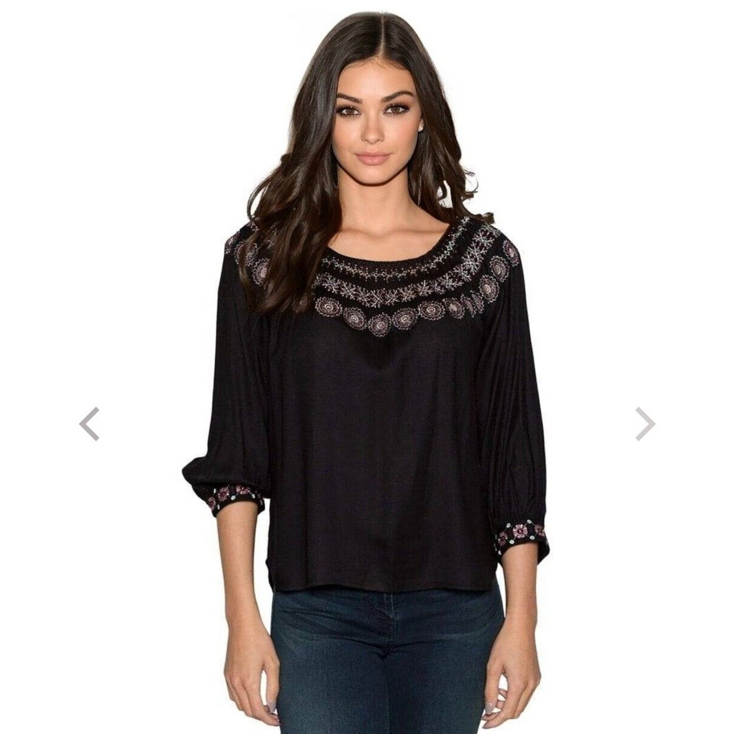 Velvet By Graham & Spencer Eva Black Peasant Top Pastel Embroidered Neck XS
