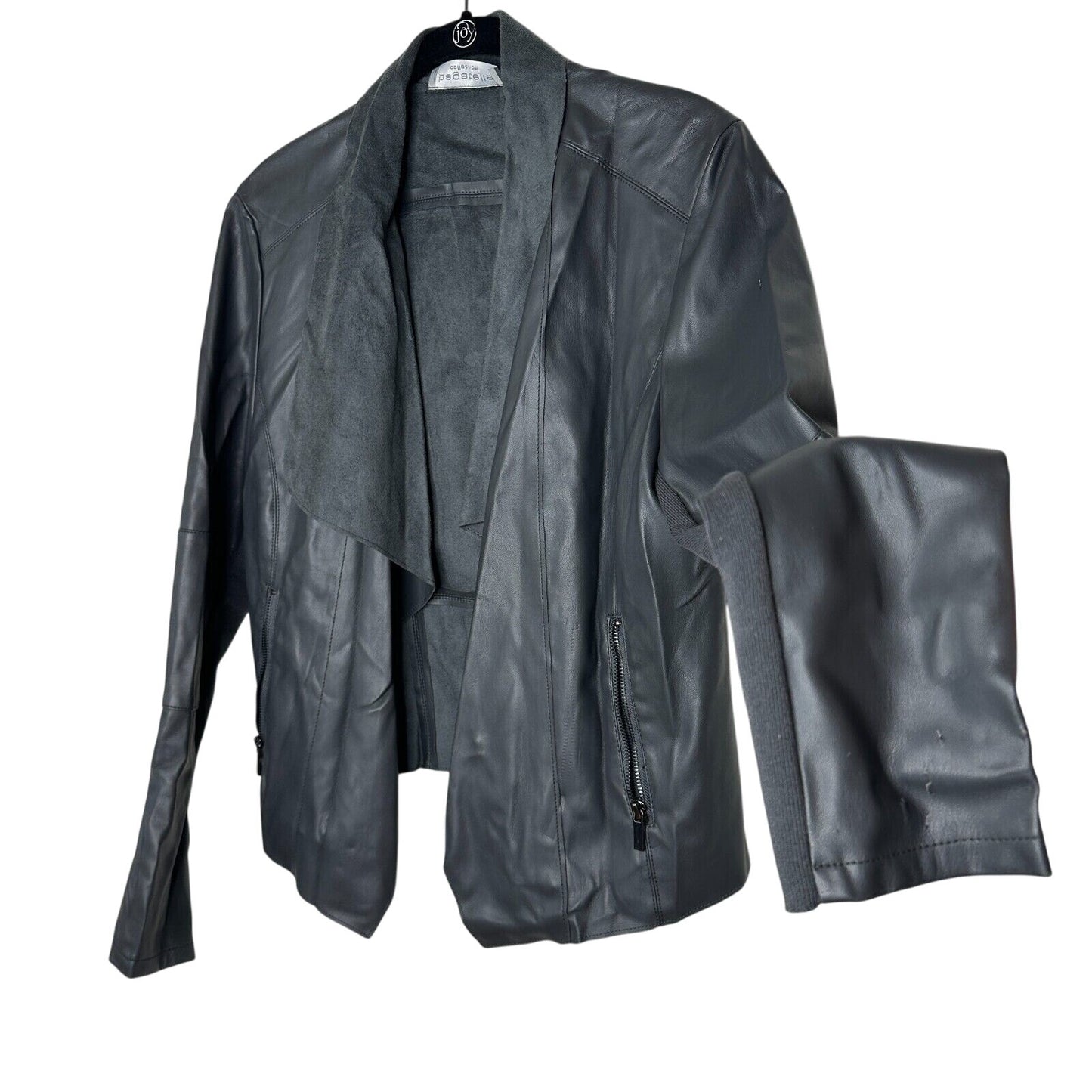 Bagatelle Pewter Gray Faux Leather Open Front Waterfall Jacket Zip Pocket Medium