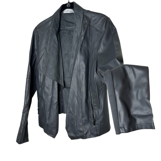 Bagatelle Pewter Gray Faux Leather Open Front Waterfall Jacket Zip Pocket Medium