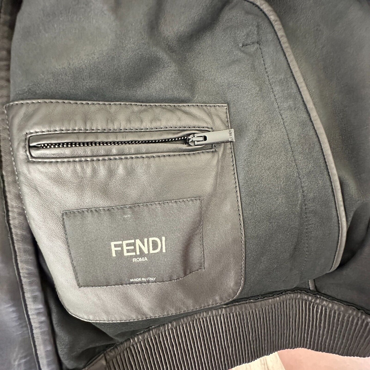 Fendi Black Soft Leather Fendi Embossed Monogram Front Long Sleeve Hooded Jacket