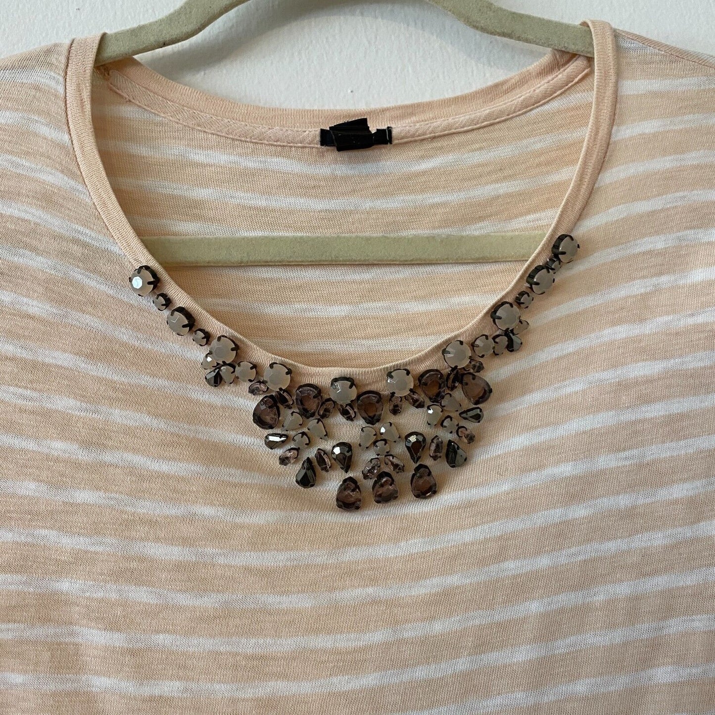 J Crew Jeweled Gem Stone Round Neck Peach and White Striped Painter Tee XS