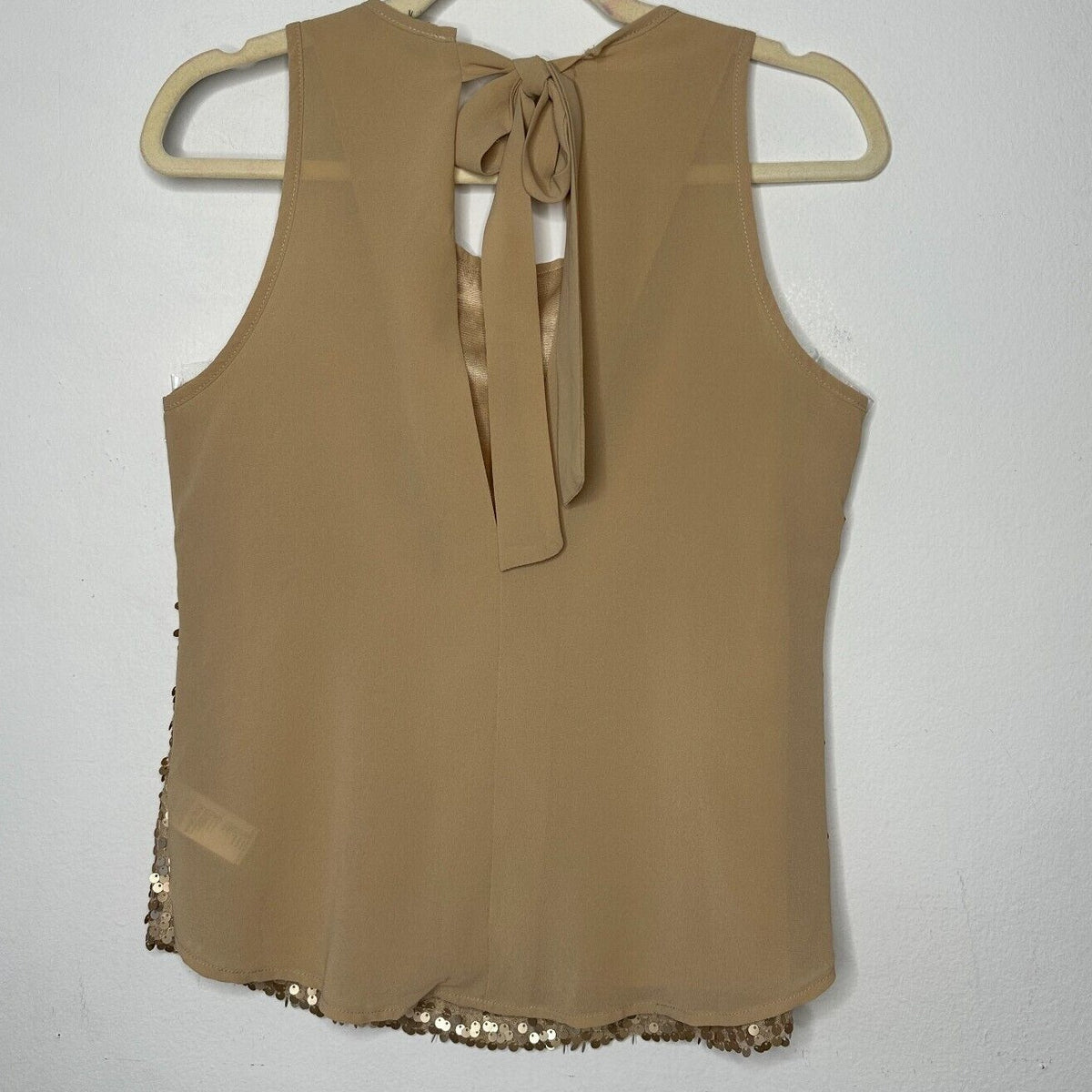 Night Out Copper Metallic Gold Sequin Sleeveless Open Back Tie Tank Blouse S