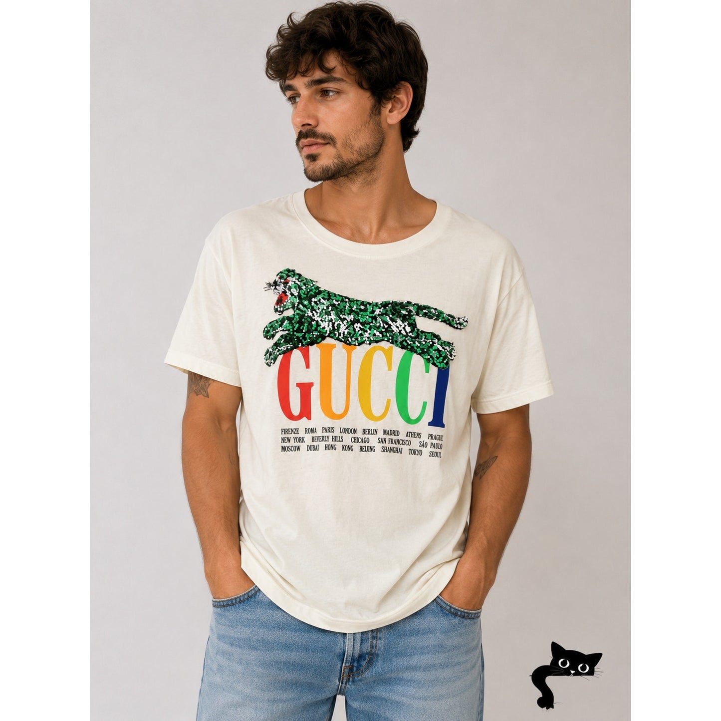 Gucci Sequin Cat Rainbow Logo T-Shirt Cream Unisex US M