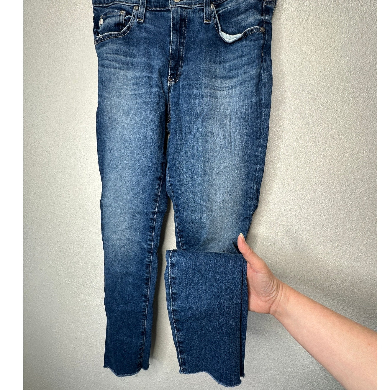 AG Medium Dark Wash The Prima Ankle Cigarette Leg Raw Hem Jeans 30