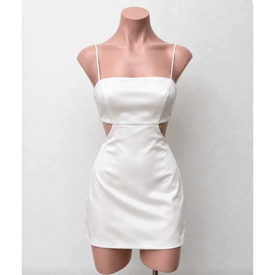 Gauge81 Marta White Satin Cut Out Square Neck Sleeveless Open Side Tie Back Mini SM