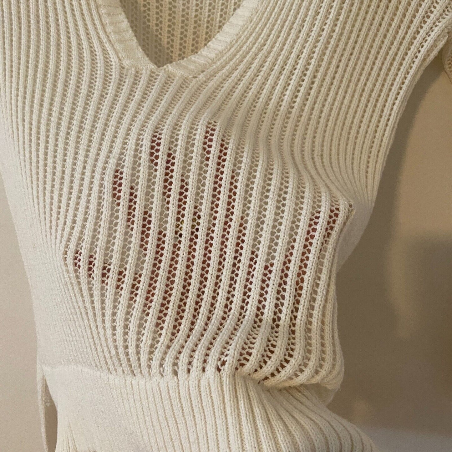 Revolve By The Way Ivory Pearl Sheer Knit Long Sleeve Sweater V-Neck Jumper S