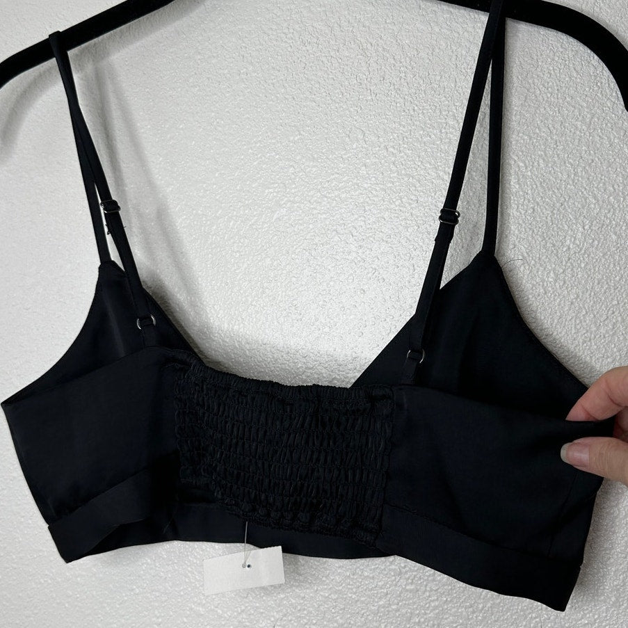 NWT House of Harlow 1960 Black Satin Smocked Back Bralette S