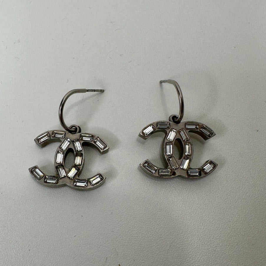 Chanel Baguette Stone Logo Silver Earrings Boucles Oreille Crystal