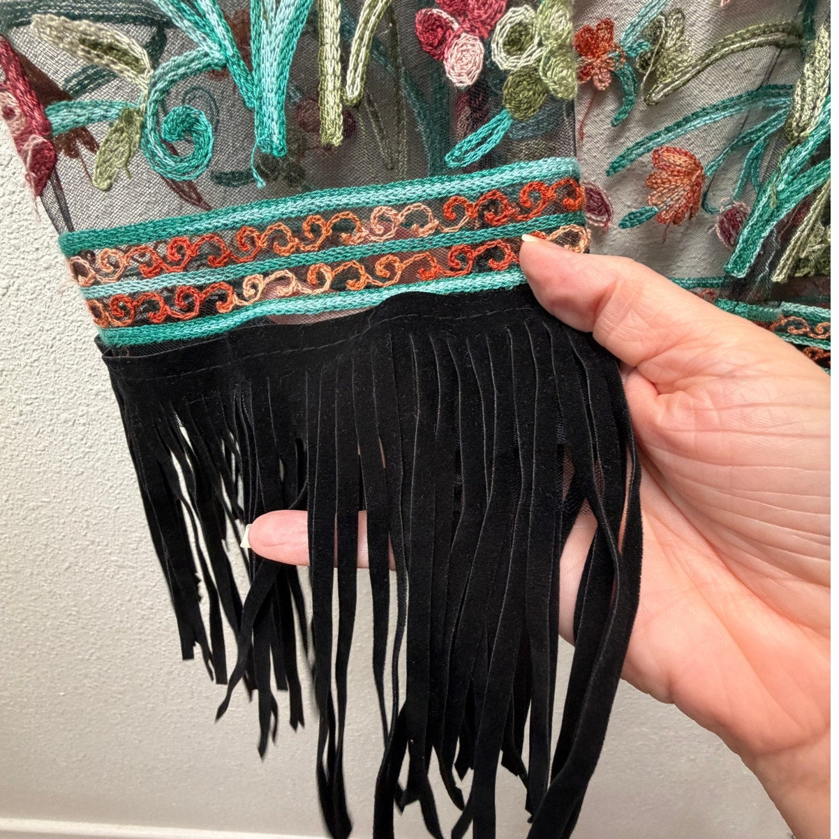 Sheer Floral Embroidered Fringe Kimono Duster Black Women’s M