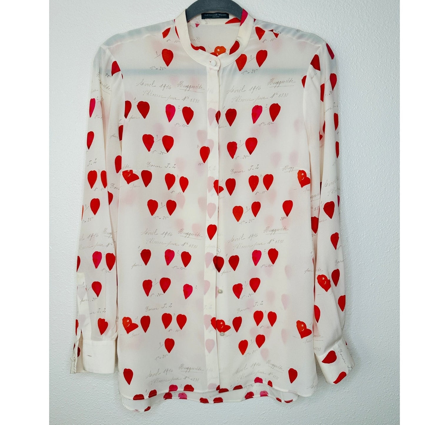 Alexander McQueen Silk Cream Red Pink Petal Long Sleeve Blouse 42 / 10