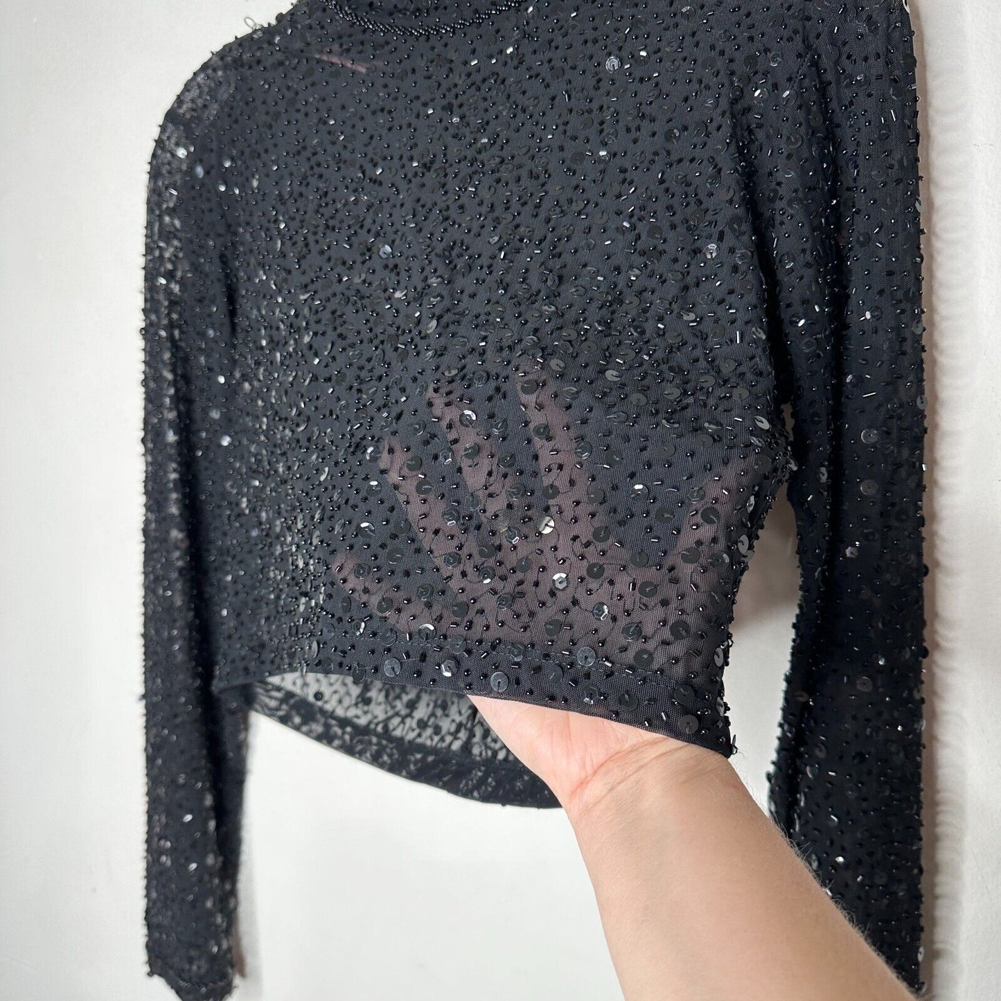 Dyspnea Sheer Black Sequin Mesh Mock Neck Long Sleeve Crop Top Hand Beaded Small