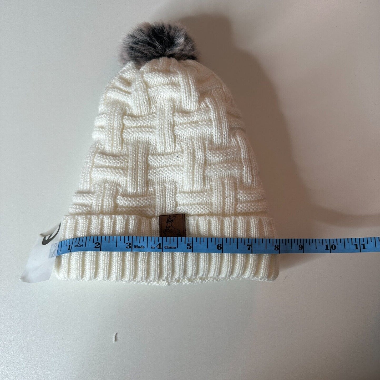 J.S Elk Deer Brown Patch Basket Weave Cream Beanie Gray Pom Pom Sherpa Lining OS