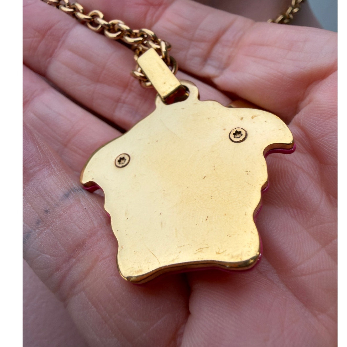 Versace Medusa Pink Resin Gold Tone Pendant Necklace