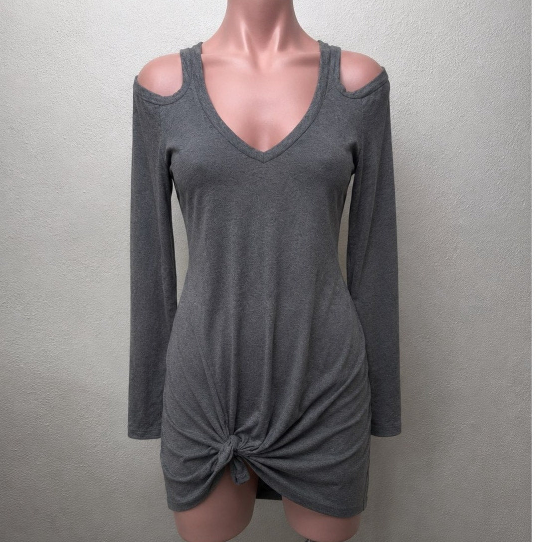 NWT Berryou Gray Cold-Shoulder Long Sleeve Front Tie Hem Knit Mini Dress Medium