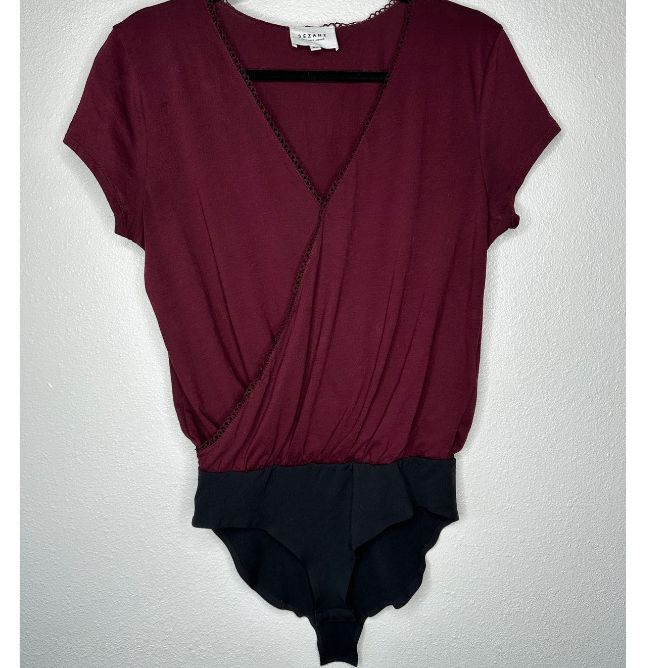 Sezane Burgundy & Black Thibault Bodysuit Crossover Neckline Short Sleeve