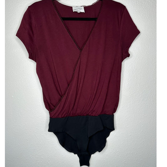 Sezane Burgundy & Black Thibault Bodysuit Crossover Neckline Short Sleeve